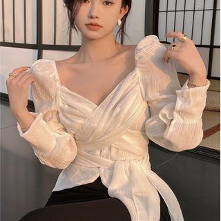 Long-sleeve V-neck Chiffon Wrap Top