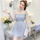 Long-sleeve Shimmery Organza Mini Dress