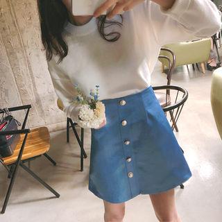 Button-trim Satin A-line Miniskirt