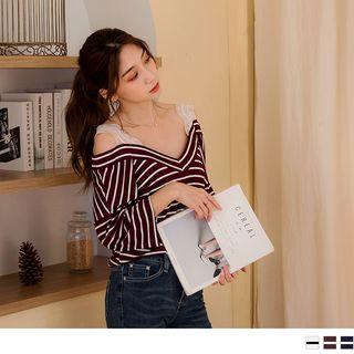 3/4 Sleeve V-neck Lace Strp Striped Top