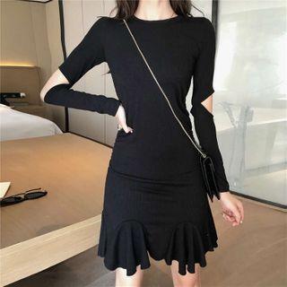 Long-sleeve Cutout-elbow Knit Mini Mermaid Dress
