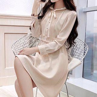 Long-sleeve Ribbon-neck A-line Dress