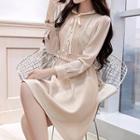 Long-sleeve Ribbon-neck A-line Dress