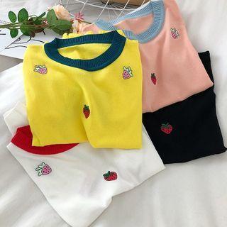 Embroidered Contrast Trim Short-sleeve Knit Top