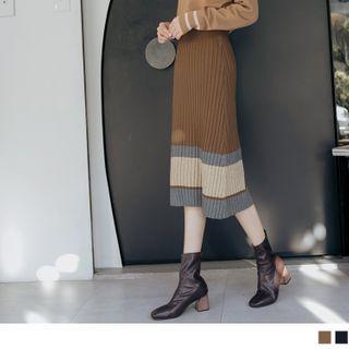 Color Block Pleated Knit A-line Skirt