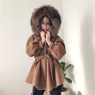 Faux Fur-trim Wool Jacket With Sash