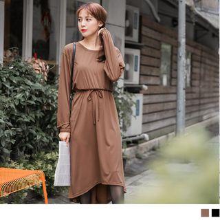 Dip Back Drawstring Waist Long Sleeve Dress