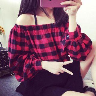 Off Shoulder 3/4-sleeve Check Blouse