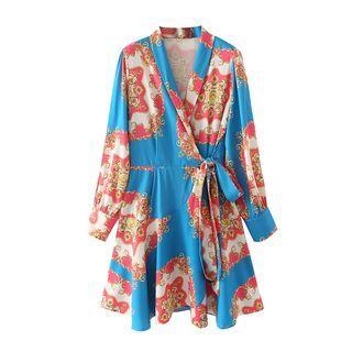 Long-sleeve Print Mini Wrap Dress