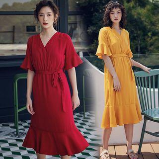 V-neck Short-sleeve Ruffle Hem Midi Chiffon Dress