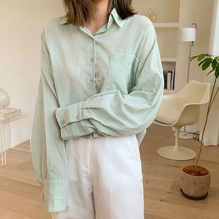 Pocket-front Oversized Cropped Stripe Shirt