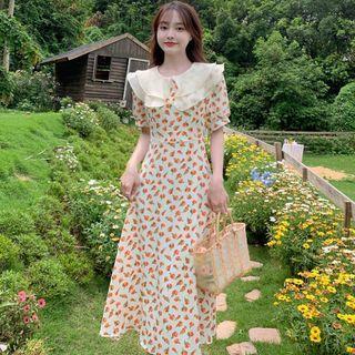 Peter Pan-collar Ruffle Trim Panel Short-sleeve Floral Dress
