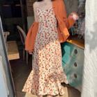 Spaghetti Strap Floral Ruffle Hem Midi A-line Dress / Plain Cardigan