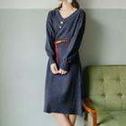 Long-sleeve Midi Knit Dress Navy Blue - One Size