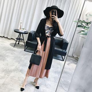 Set: 3/4 Sleeve Long Cardigan + Printed Cropped Camisole Top + Plain Wide Leg Pants