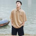 Pocket Detail Elbow-sleeve Collared T-shirt