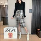 Long-sleeve T-shirt / Plaid Buttoned Midi Skirt