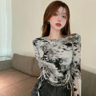 Drawstring-side Slim-fit Crop T-shirt Gray - One Size