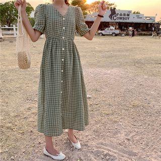 Short Sleeve Checked Maxi Dress