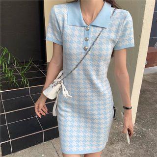 Short-sleeve Houndstooth Mini Sheath Polo Dress