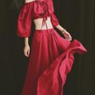 Set : Off-shoulder Cropped Top + Skirt