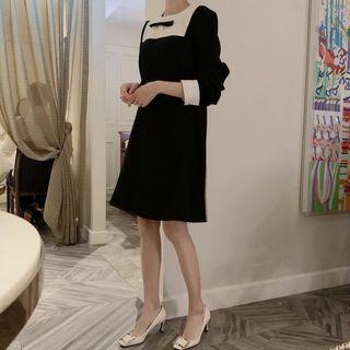 Faux Pearl Two-tone Long-sleeve A-line Dress