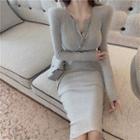 Half-button Long-sleeve Midi Bodycon Dress