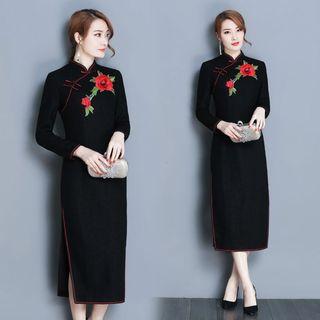 Floral Stand-collar Long-sleeve Dress