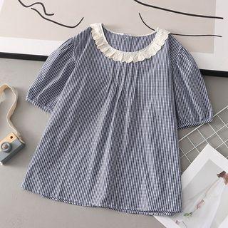 Short Sleeve Lace Trim Plaid Shirt