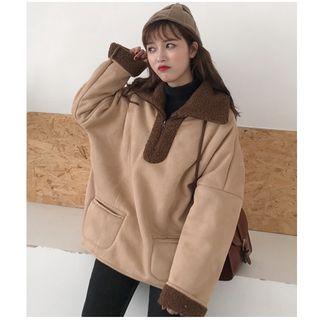 Faux Suede Zip Collar Pullover
