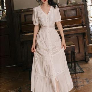 Short-sleeve Lace Trim Tiered Maxi A-line Dress