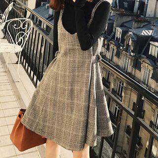 Turtleneck Long-sleeve Top / Plaid Overall Dress