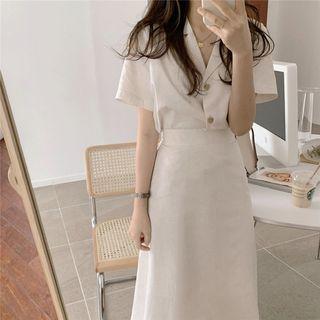 Set: Short-sleeve Notch Lapel Shirt + Midi A-line Skirt
