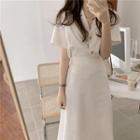 Set: Short-sleeve Notch Lapel Shirt + Midi A-line Skirt