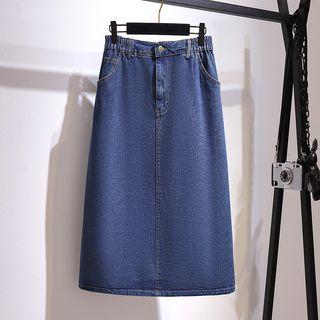 Elastic Waist Slit-back Denim Midi A-line Skirt
