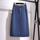 Elastic Waist Slit-back Denim Midi A-line Skirt