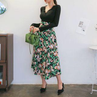 Tie-waist Floral Maxi Flare Skirt