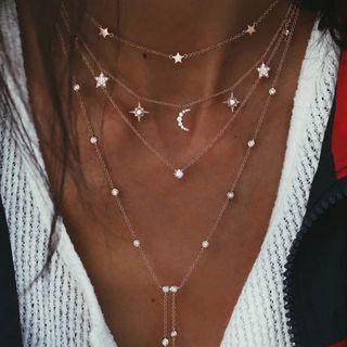 Moon & Star Rhinestone Pendant Layered Necklace