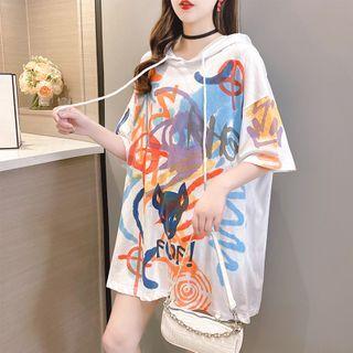 Elbow-sleeve Hooded Fox Print T-shirt