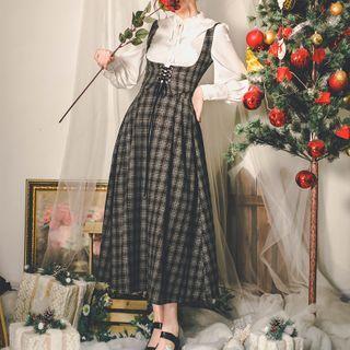 Lace-up Woolen Vest / Gingham Maxi Skirt