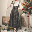 Lace-up Woolen Vest / Gingham Maxi Skirt