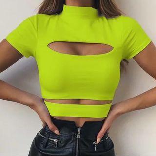 Short-sleeve Cutout Turtleneck Crop Top