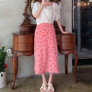 Lace Panel Elbow-sleeve Blouse / Dotted Midi A-line Skirt