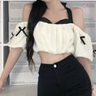 Short-sleeve Cold Shoulder Two Tone Cropped Blouse White - One Size