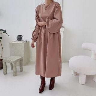 Open-placket Balloon-sleeve Dress