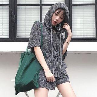 Set: Melange Short Sleeve Hooded Jacket + Drawstring Shorts