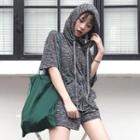 Set: Melange Short Sleeve Hooded Jacket + Drawstring Shorts