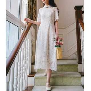 Short-sleeve Lace Panel Qipao Midi Dress