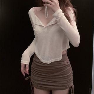 Long-sleeve Henley / Drawstring Mini Skirt