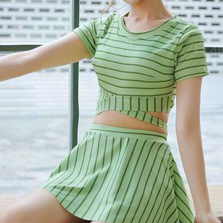 Set: Striped Crisscross Short-sleeve Swim Top + Swim Skirt